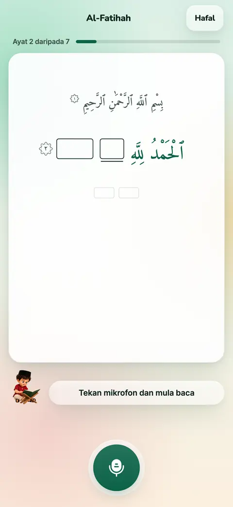 Mod Hafal, ayat Al-Fatihah disorok dan perkataan muncul bila dibaca betul