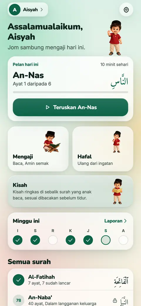 Skrin utama Tahfiz.AI dengan pelan hari ini, mod Mengaji, Hafal dan Kisah